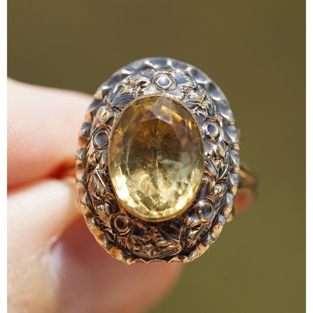 Victorian Antique 10k Solid Yellow Gold Flower Natural Citrine Ring Size 6.5 5g